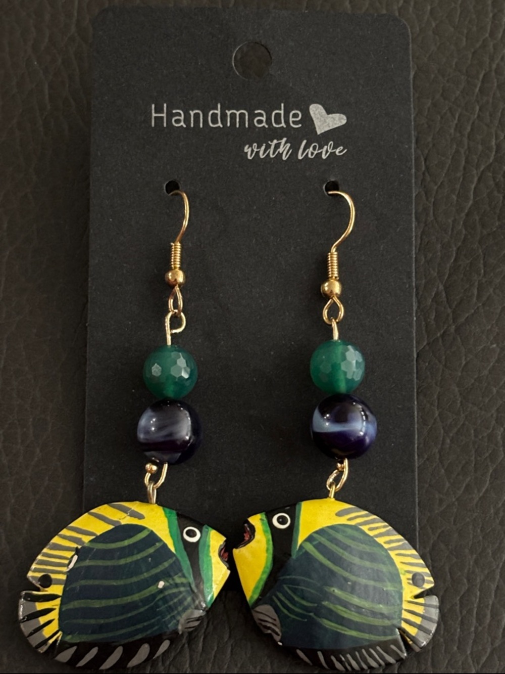 Handmade Green & Yellow Fish Dangle Earrings - Tropical Bead Accent